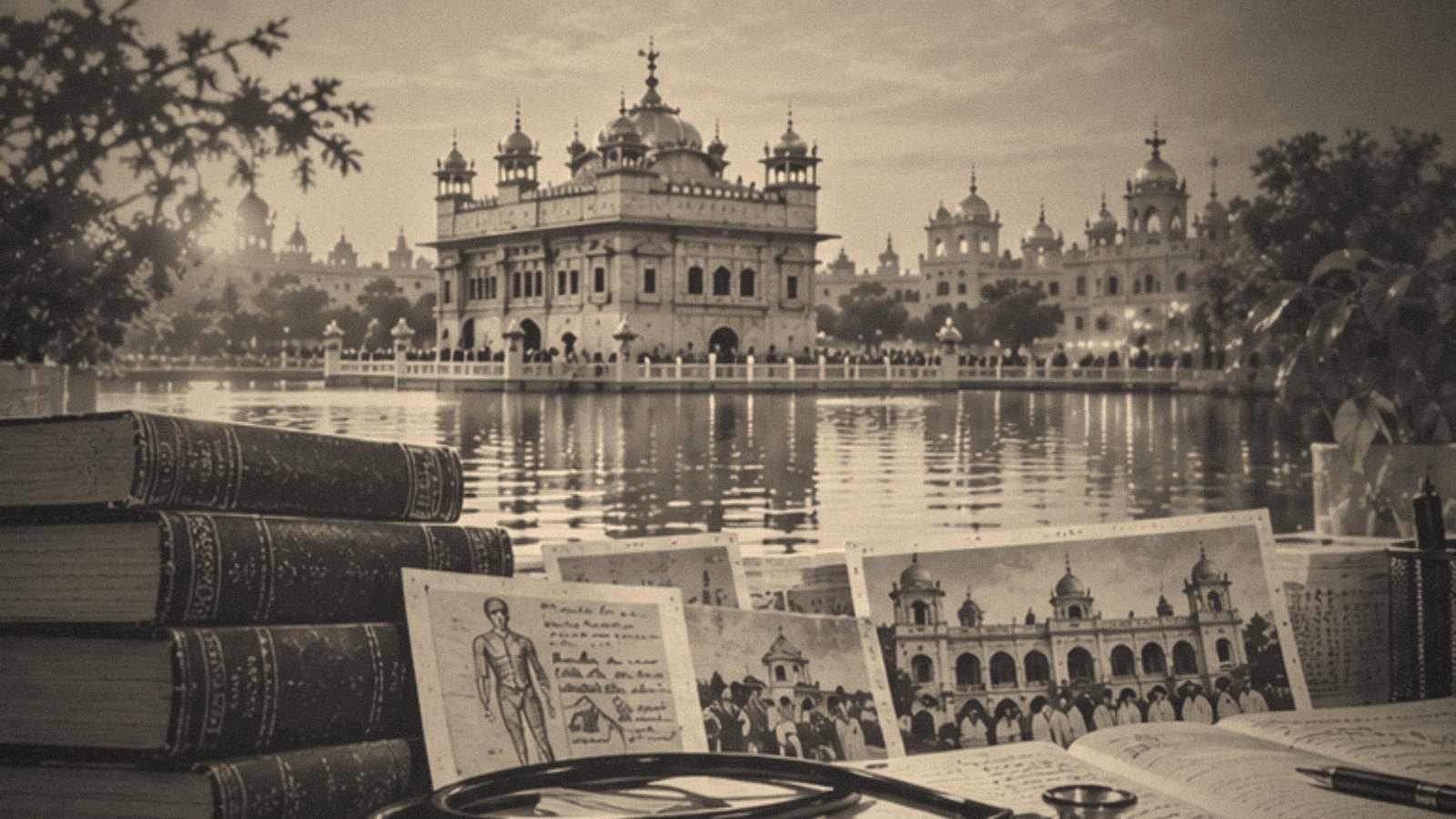 The Golden Temple at sunset beyond a desk of old medical books, anatomy sketches and photographs.