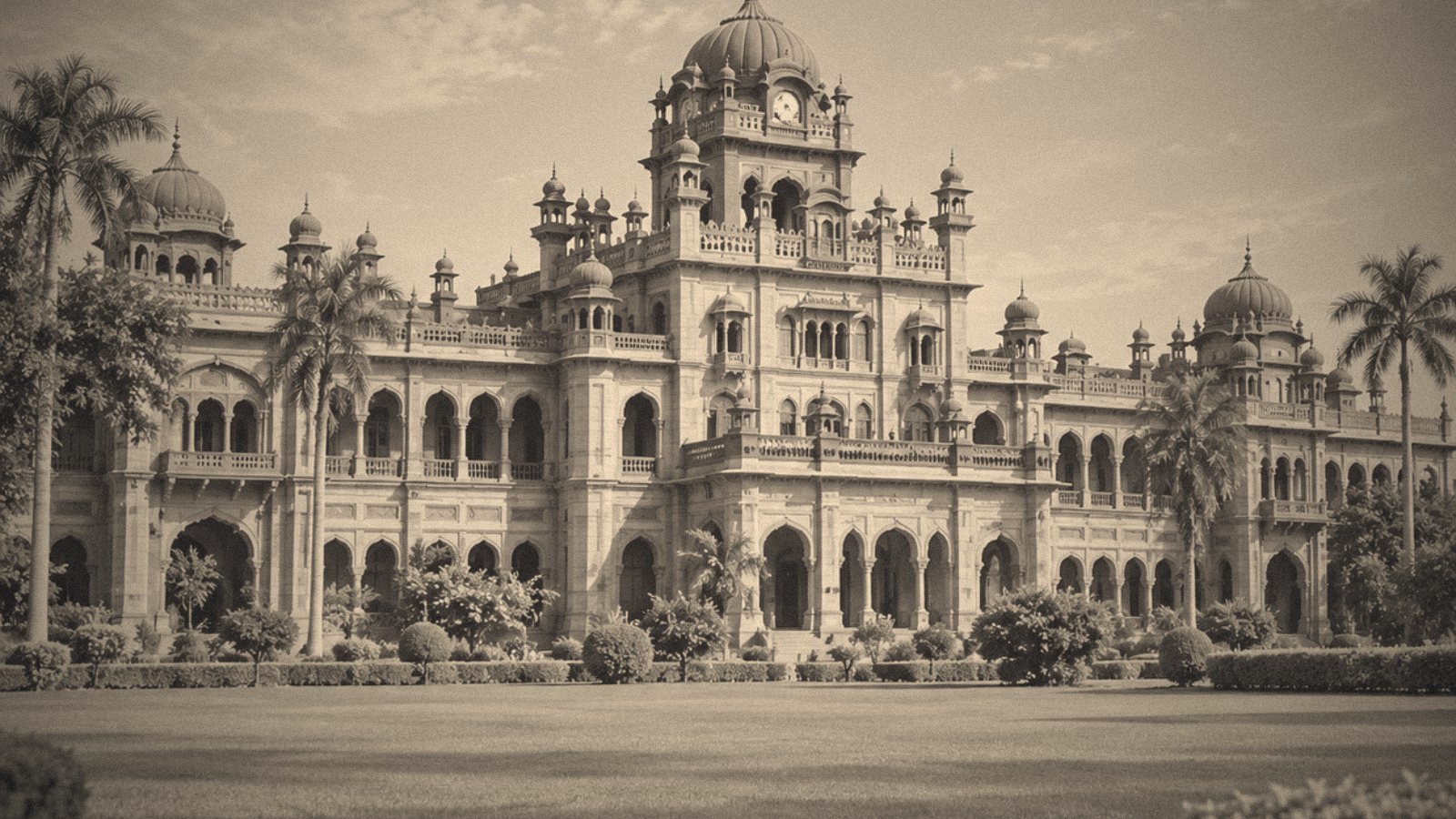 A domed red-sandstone college building behind a wide lawn and palm trees.