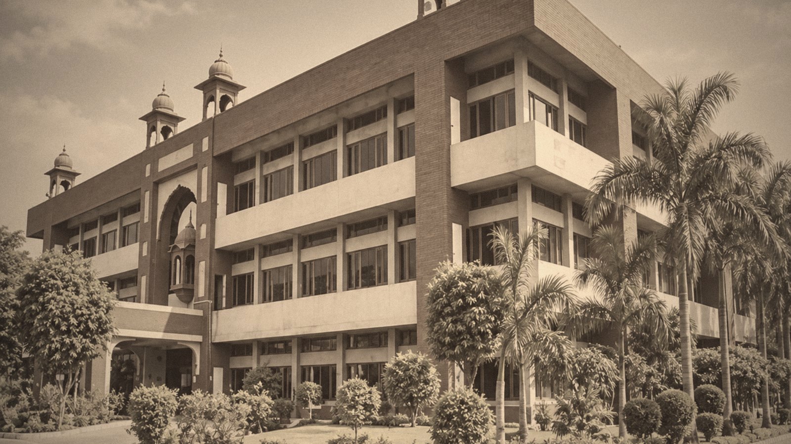 A red-brick medical college with small domed turrets, palms and a curving drive.