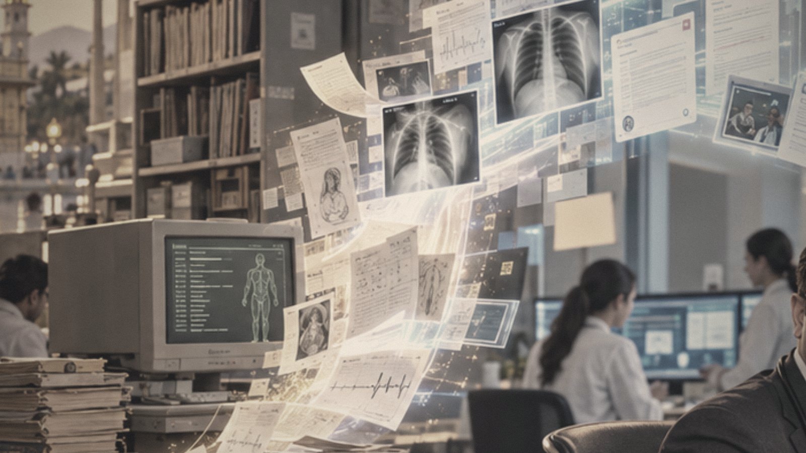An old computer monitor and a desk of paper charts, pages and X-rays drifting across the room.