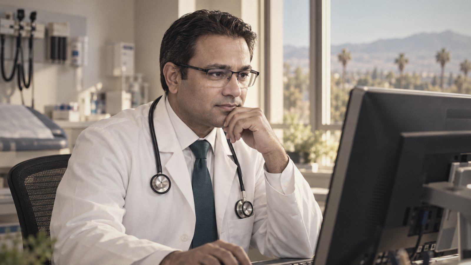 A physician studying a computer screen in a clinic, palm trees through the window.