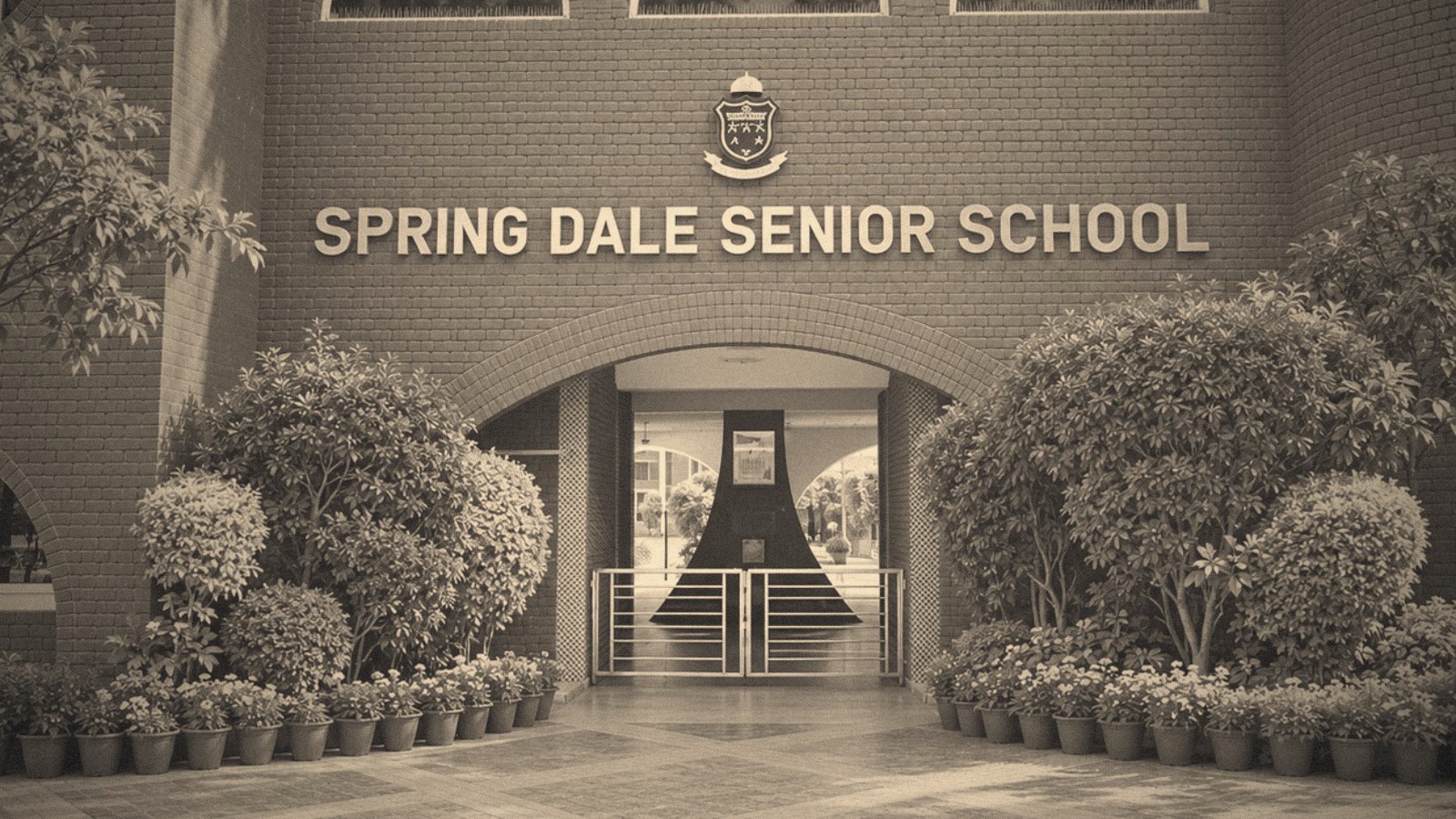 A red-brick school entrance with arched windows and potted flowers.