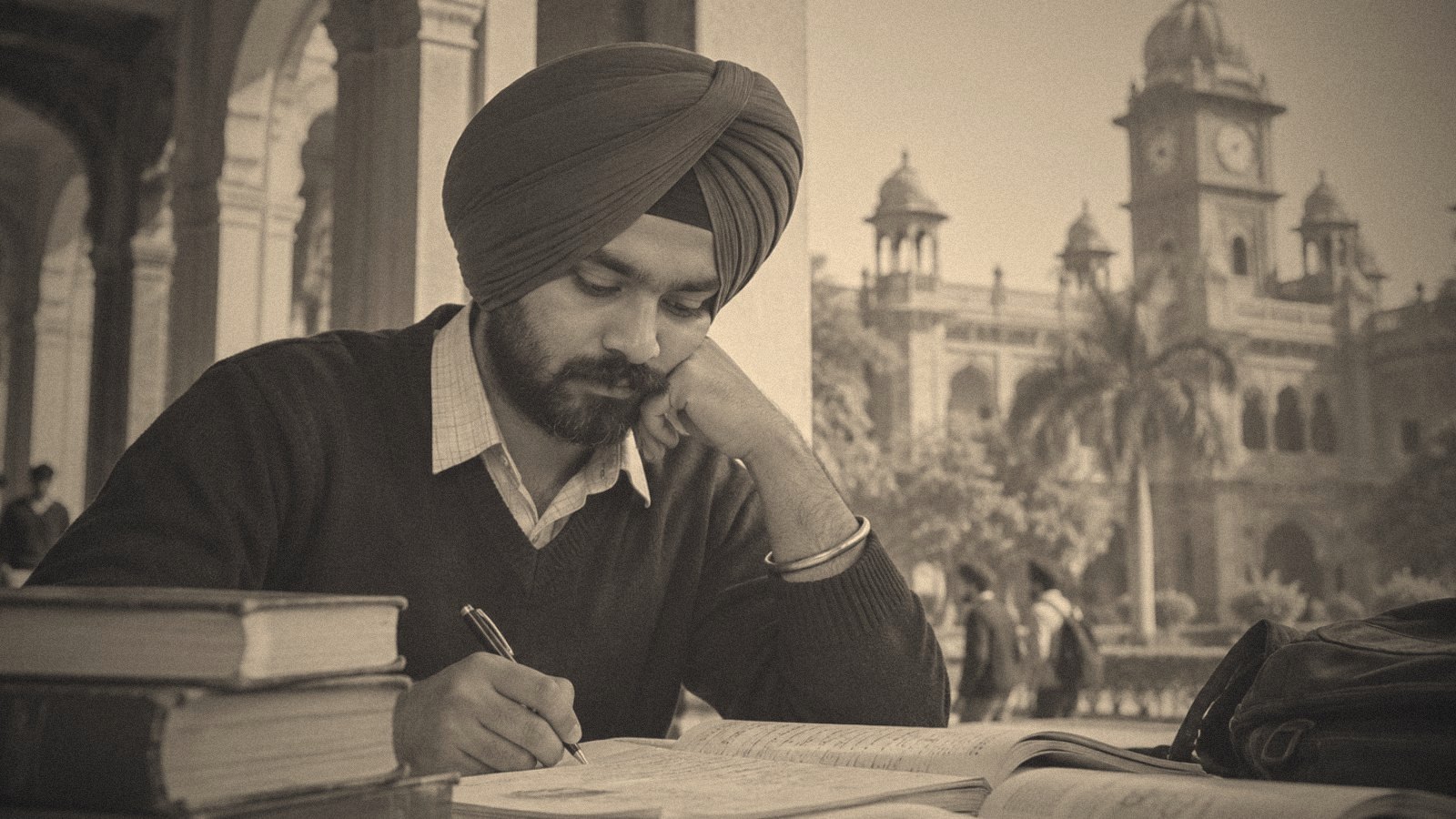 A young turbaned student writing beside a stack of textbooks, a domed college behind him.