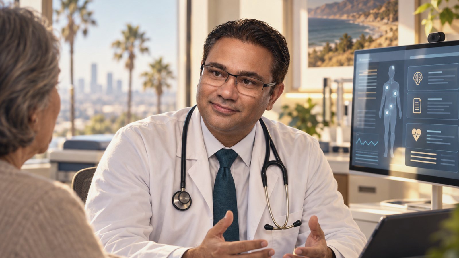 A physician talking with an older patient beside a screen of health data.