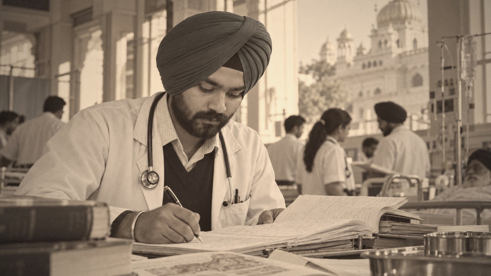 A turbaned doctor writing notes on a busy hospital ward.