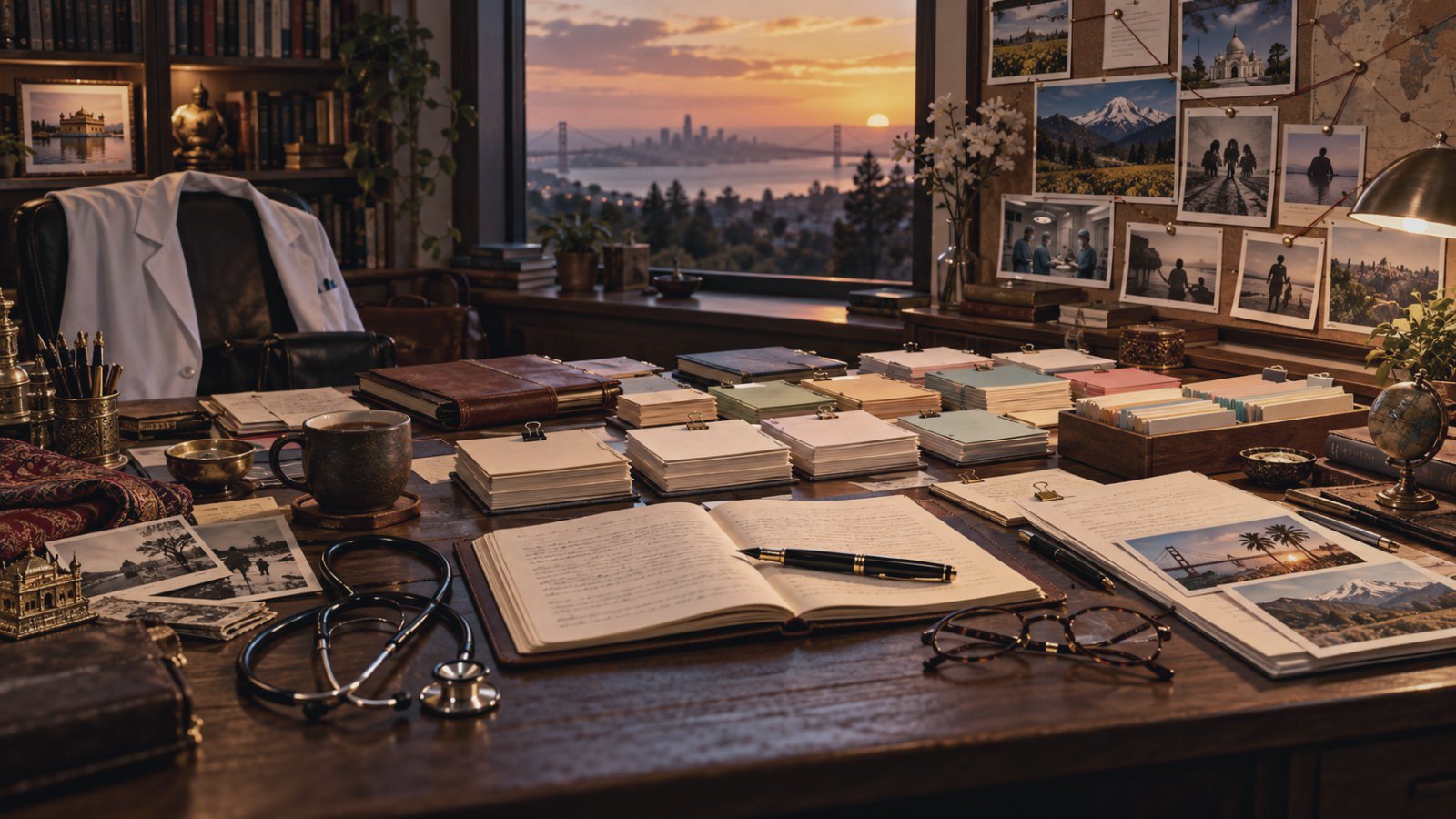 A writing desk at sunset: notebooks and index cards, a stethoscope, reading glasses, photographs, and a small model of the Golden Temple.