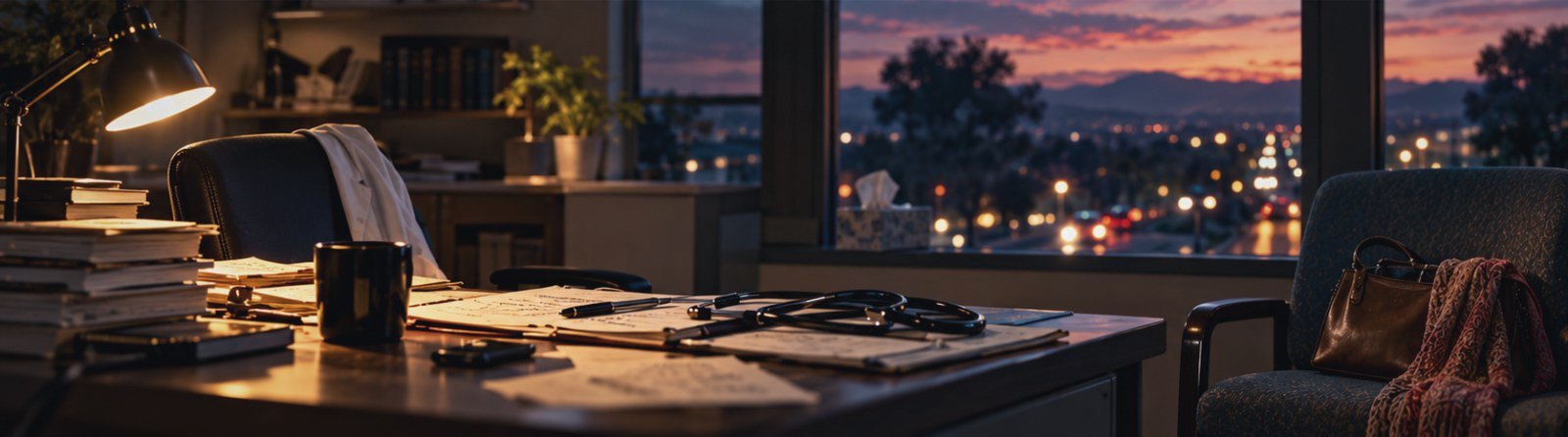 A physician’s office at dusk: a desk lamp, papers and a stethoscope, city lights through the window, and a handbag left on the patient’s chair.