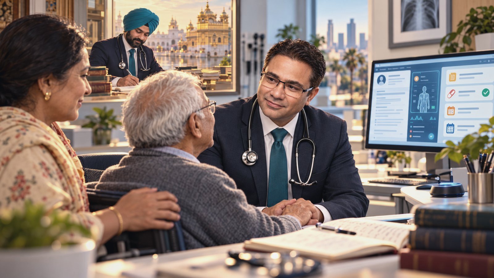 A physician holding an elderly patient’s hands while a family member rests a hand on his shoulder; behind them, a framed scene of a turbaned physician writing beside the Golden Temple.